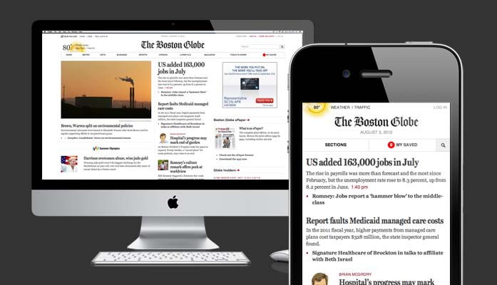The Boston Globe's responsive website on an iMac and an iPhone